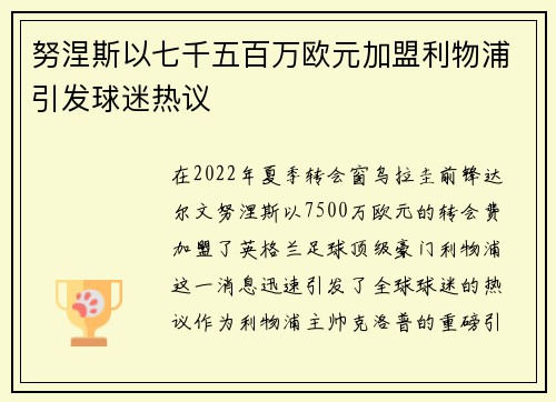 努涅斯以七千五百万欧元加盟利物浦引发球迷热议 努涅斯以七千五百万欧元加盟利物浦引发球迷热议